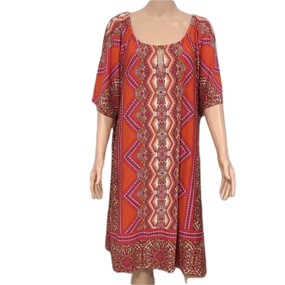 GRACE DRESSES Triangle Floral Print Dress Size 3X Orange Pink Geometric Shift